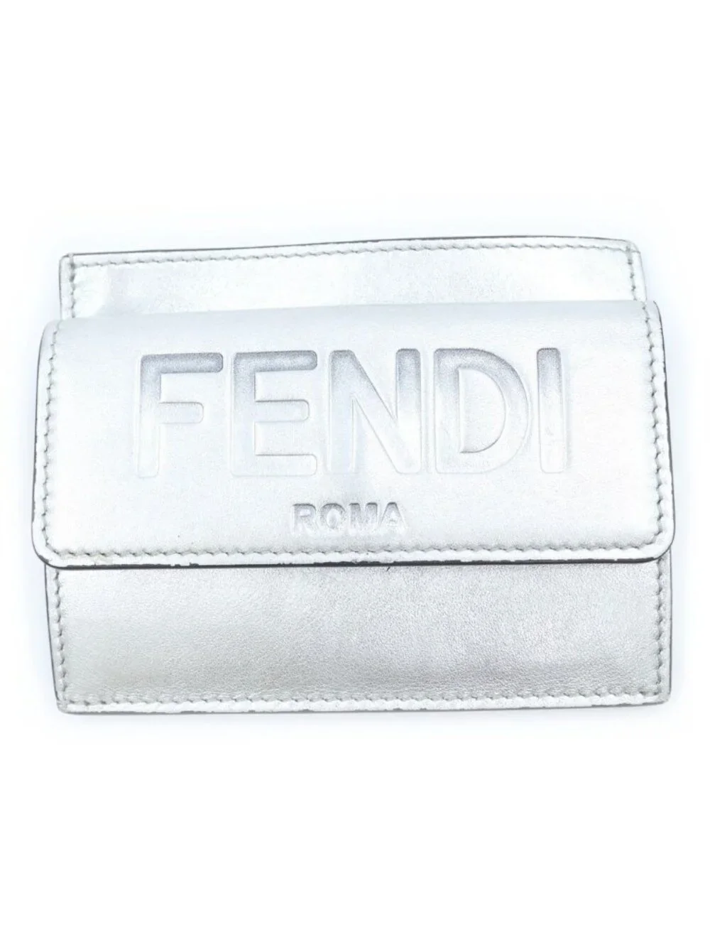 Fendi Logo Embossed Coin Leather Card Case Silver